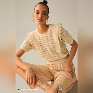 Kachel Anthropologie Shimmer Crochet  Sweater Tee Ivory Size M